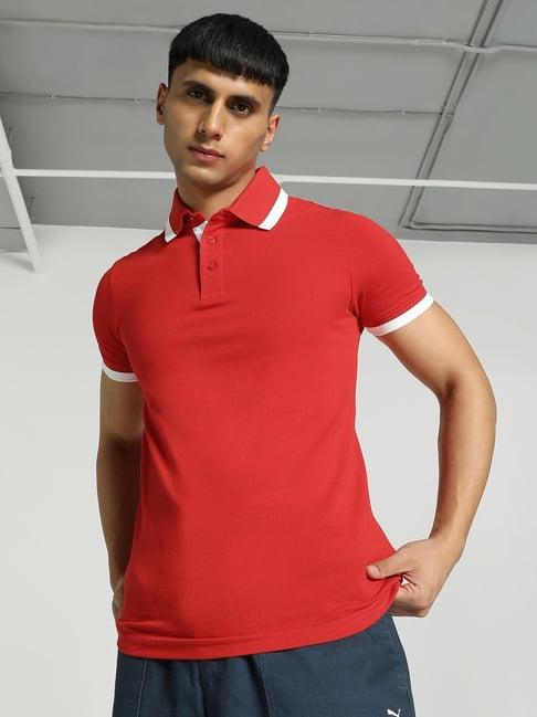 puma pique tipping red cotton slim fit polo t-shirt