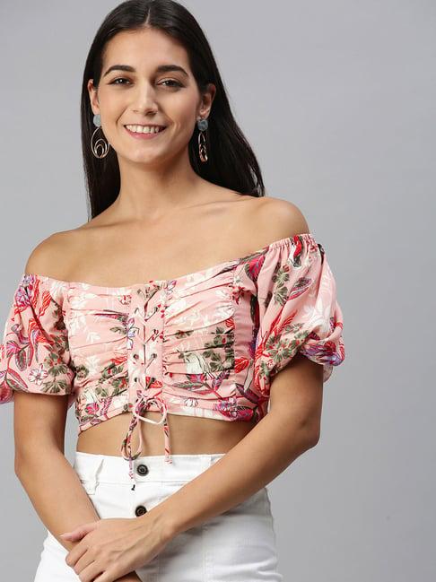 kassually peach floral print crop top