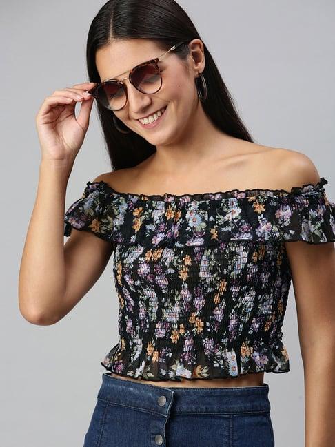 kassually black floral print crop top