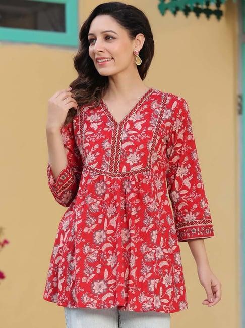 rain and rainbow red cotton floral print a line kurti