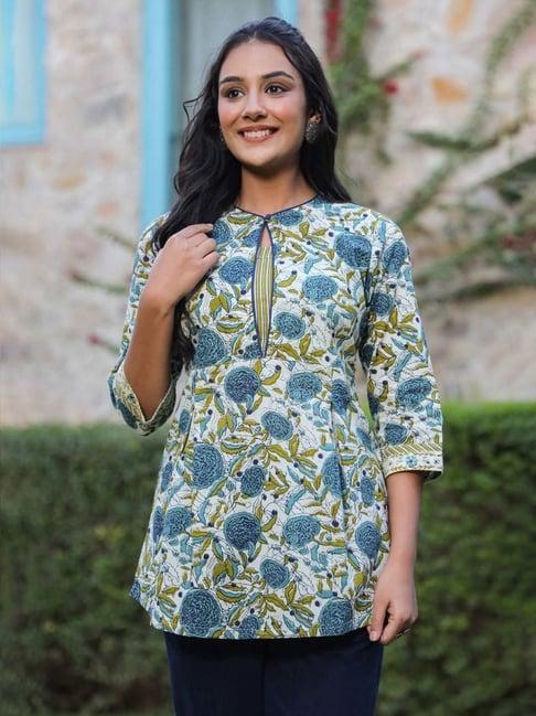 rain and rainbow blue cotton printed a line kurti