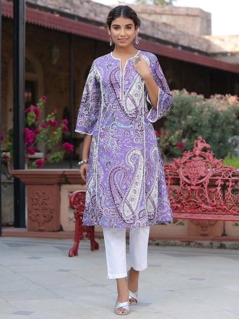 rain and rainbow purple cotton printed a line kurta