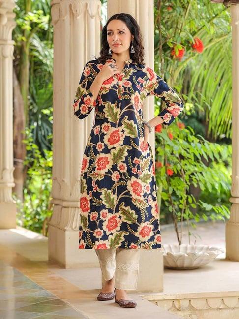 rain and rainbow navy cotton floral print straight kurta