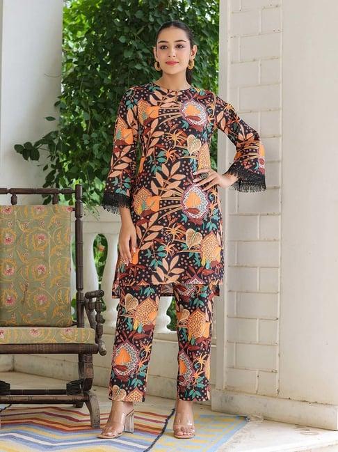 rain and rainbow black cotton floral print kurta pant set