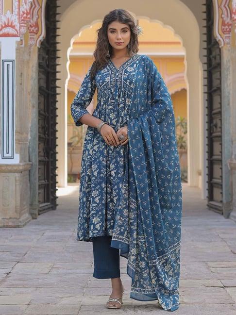 rain and rainbow blue cotton floral print kurta with pant & dupatta