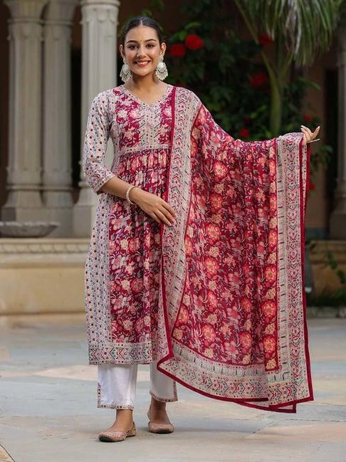 rain and rainbow wine & white cotton floral print kurta with pant & dupatta