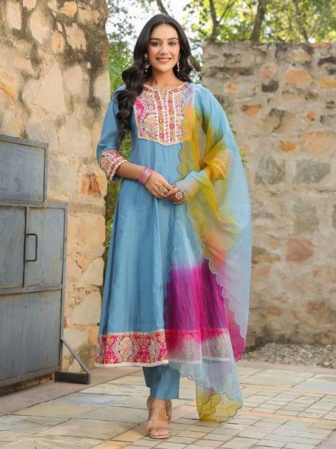 rain and rainbow greyish blue embroidered kurta with pant & dupatta