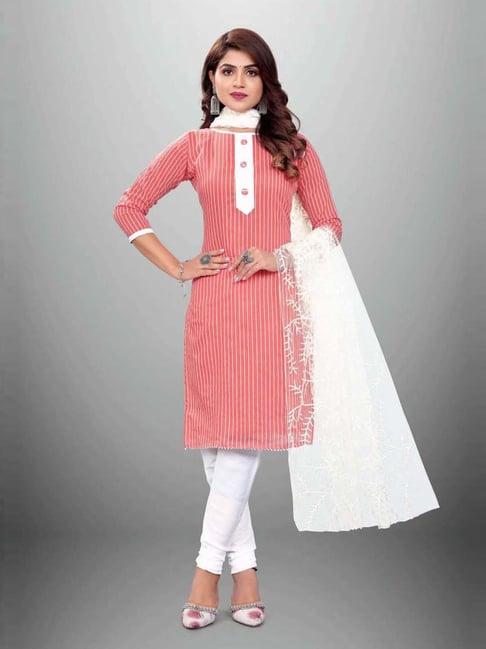 apnisha peach & white cotton striped unstitched dress material