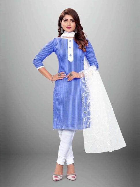 apnisha blue & white cotton striped unstitched dress material