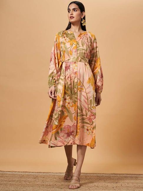 marigold lane peach floral print a-line dress