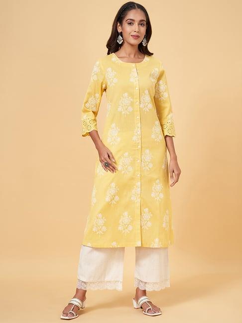 rangmanch by pantaloons yellow cotton floral print straight kurta