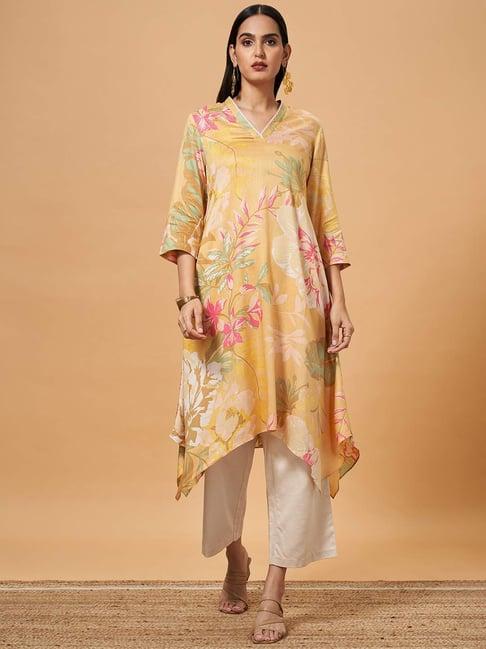 marigold lane yellow floral print high low kurta