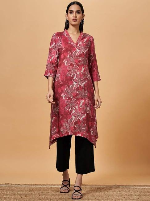 marigold lane red floral print high low kurta