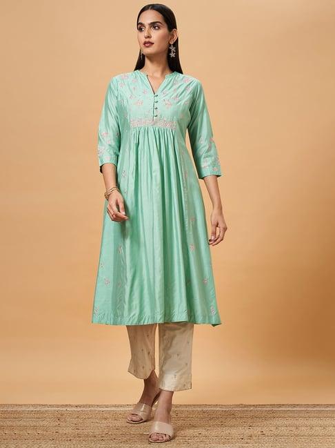 marigold lane mint green embroidered a line kurta