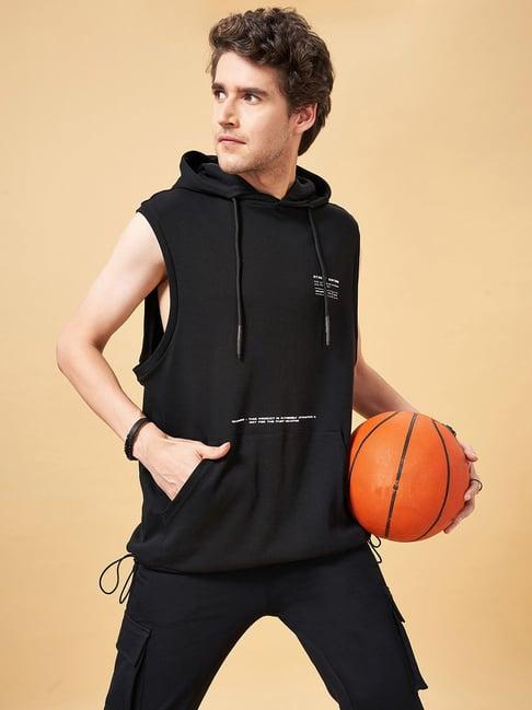 street 808 by pantaloons jet black boxy fit sleeveless hooded sweatshirt