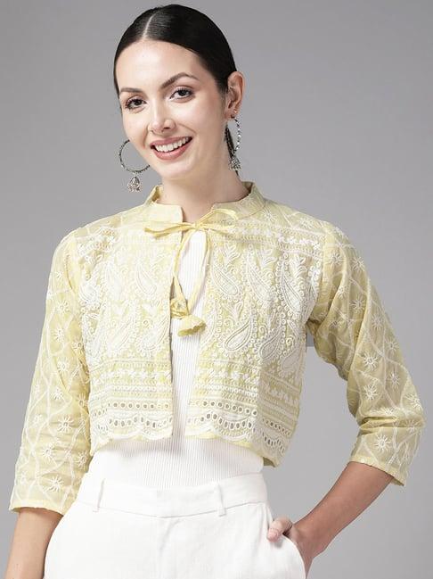 aarika lemon yellow cotton embroidered shrug