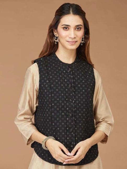 fabindia black printed waistcoat