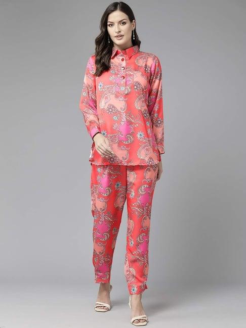 aarika peach printed kurti pant set