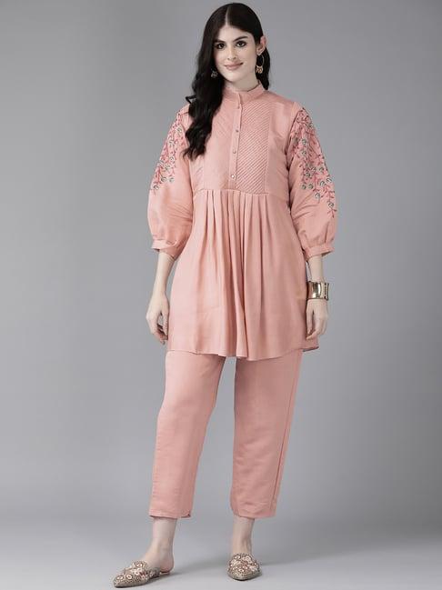 aarika peach embroidered kurti pant set