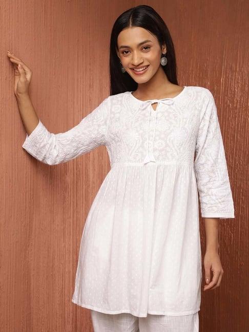 fabindia white cotton embroidered tunic