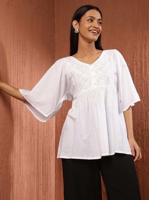 fabindia white cotton embroidered tunic