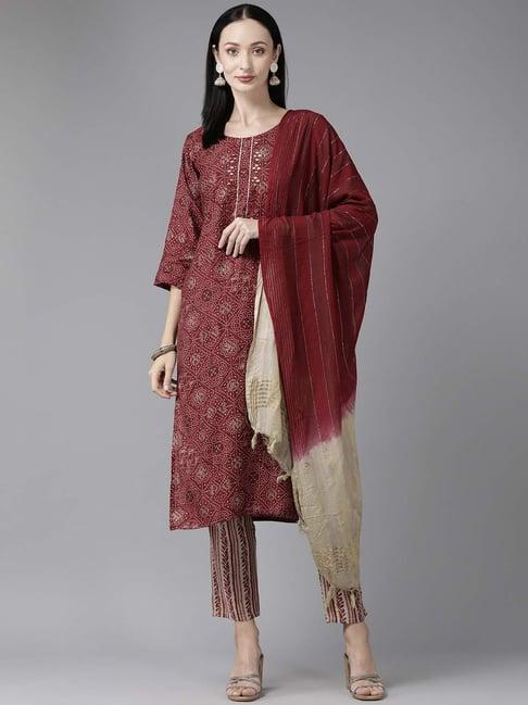 aarika maroon & beige printed kurta pant set with dupatta