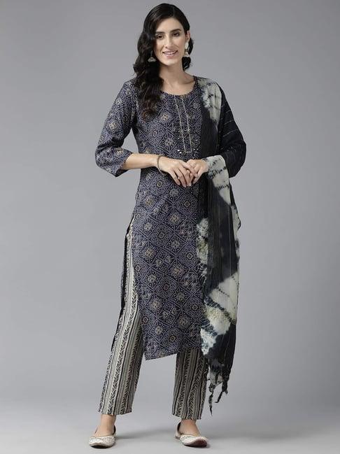 aarika navy & beige printed kurta pant set with dupatta