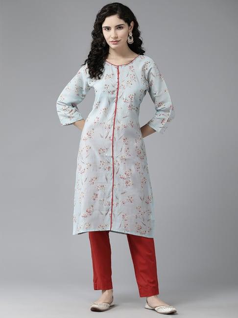 aarika sky blue floral print straight kurta