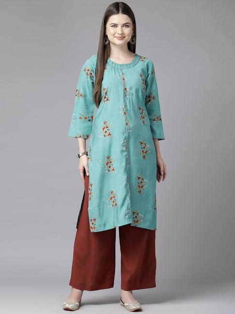 aarika turquoise embellished straight kurta