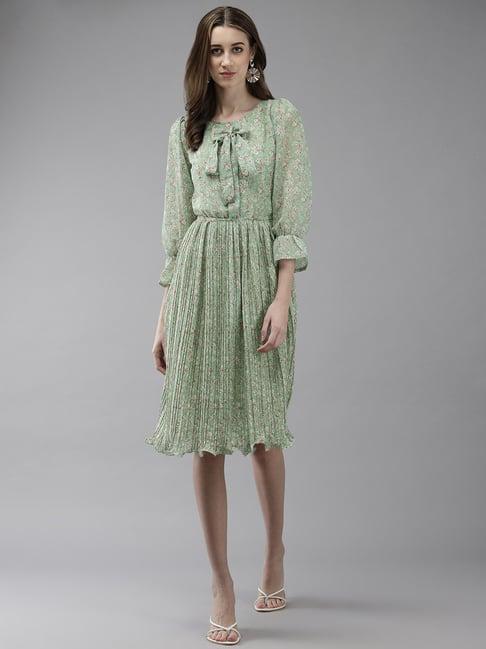 aarika green floral print a-line dress