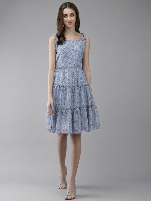 aarika blue floral print a-line dress