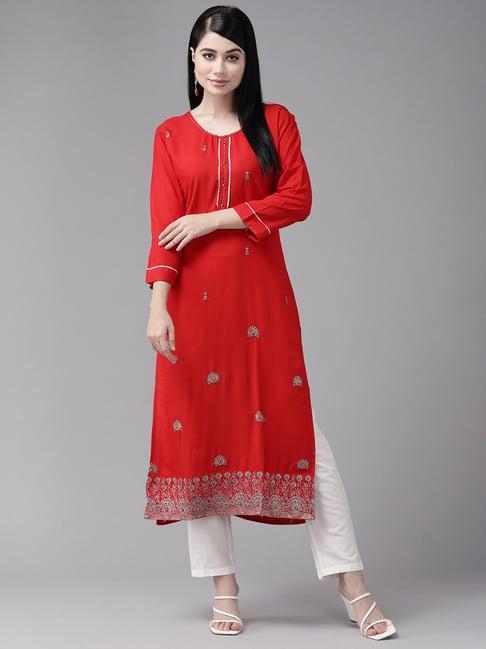 aarika red embellished straight kurta