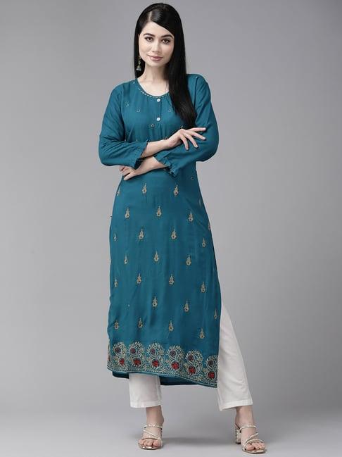 aarika teal blue embellished straight kurta