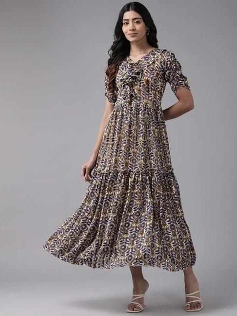 aarika beige printed maxi dress