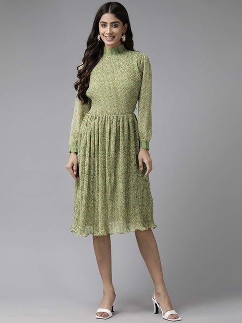 aarika green printed a-line dress