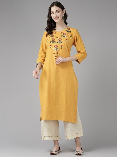 aarika yellow cotton embroidered straight kurta