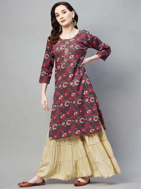 aarika grey cotton floral print straight kurta