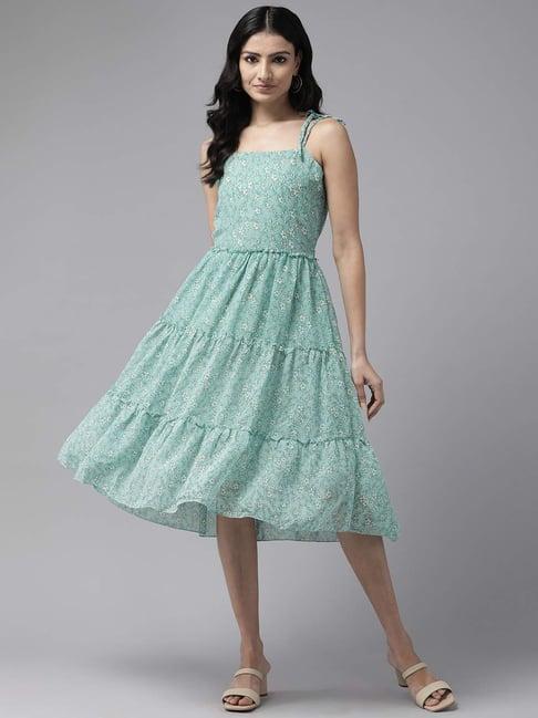 aarika sea green floral print a-line dress