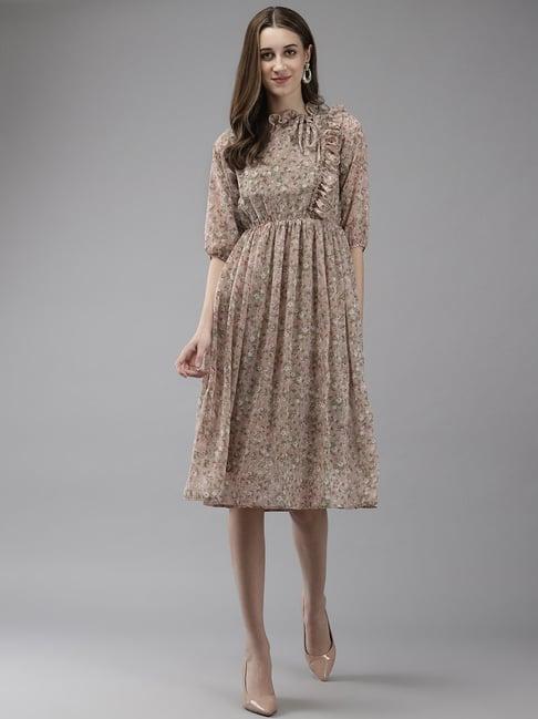 aarika beige floral print a-line dress