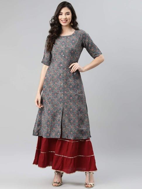 aarika blue cotton printed straight kurta