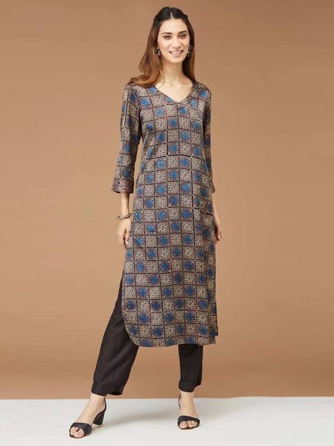 fabindia maroon & blue printed straight kurta