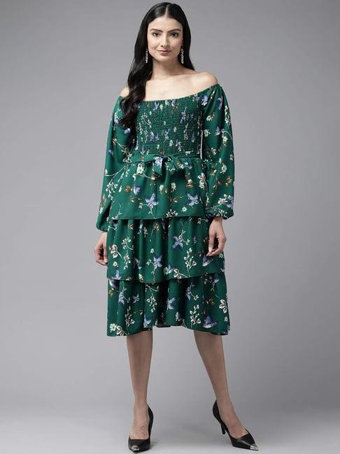 aarika green floral print a-line dress