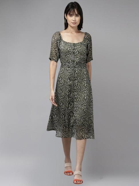 aarika olive green printed a-line dress