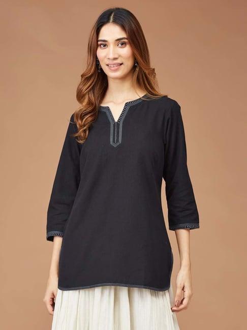 fabindia black cotton embroidered a line short kurti