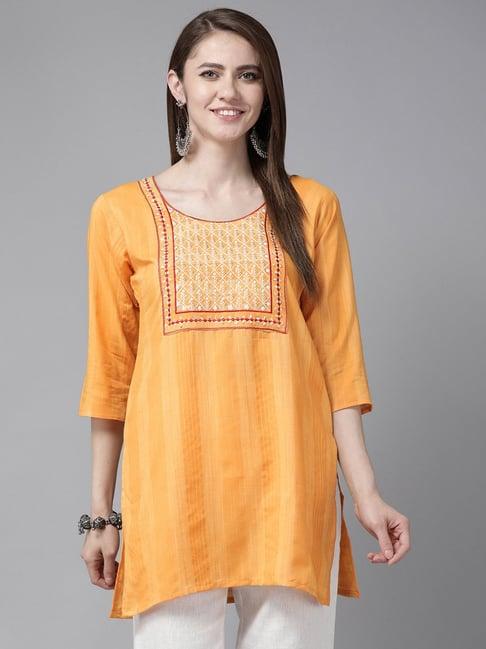 aarika yellow cotton embroidered straight kurti