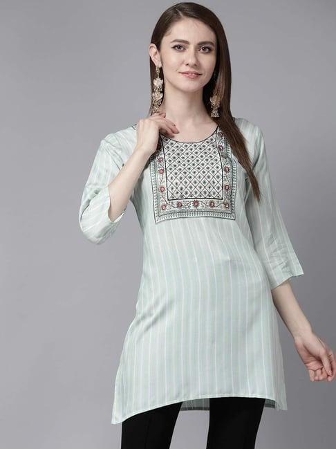 aarika sea green cotton embroidered straight kurti