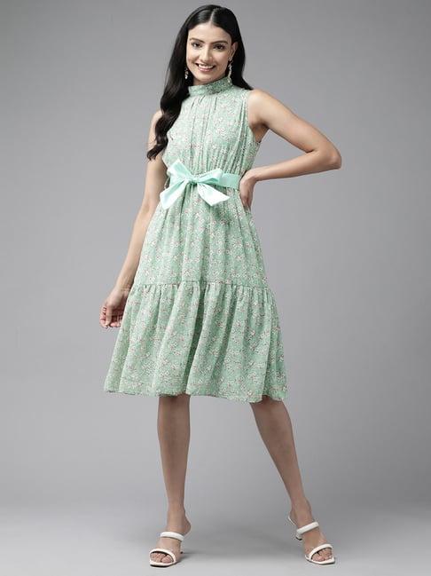 aarika green floral print a-line dress