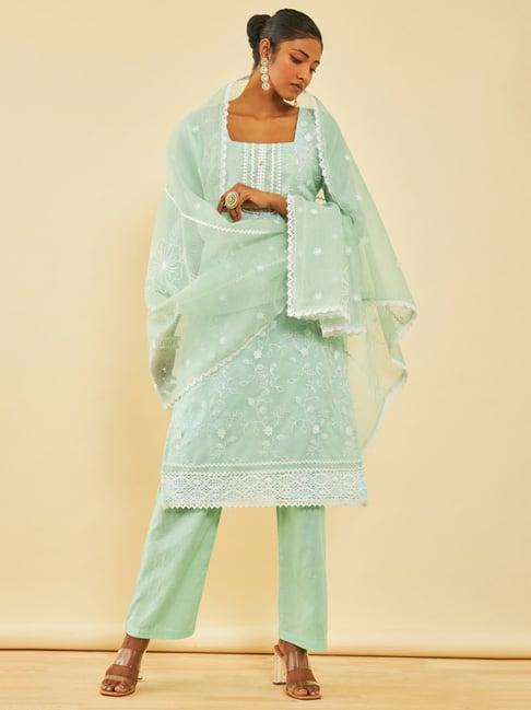 soch sap green kota embroidered unstitch dress material with lace details