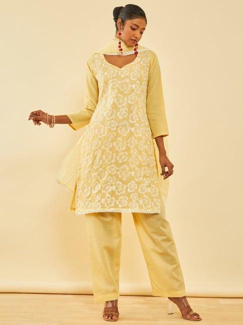 soch yellow kota embroidered unstitch dress material with thread work