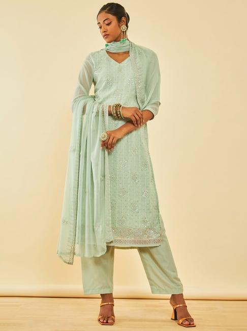 soch sap green georgette embroidered unstitch dress material with stones